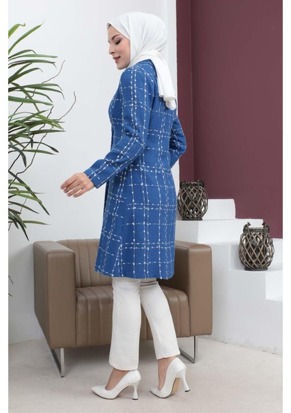 Düğmeli Geniş Yaka Kaşe Kaban Indigo 19177 indirimleri