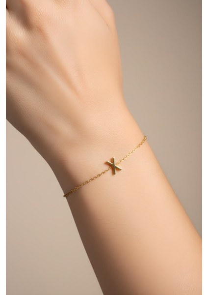 x Harfi 18 Ayar Sarı Altın Kaplama 18 cm Gümüş Bileklik