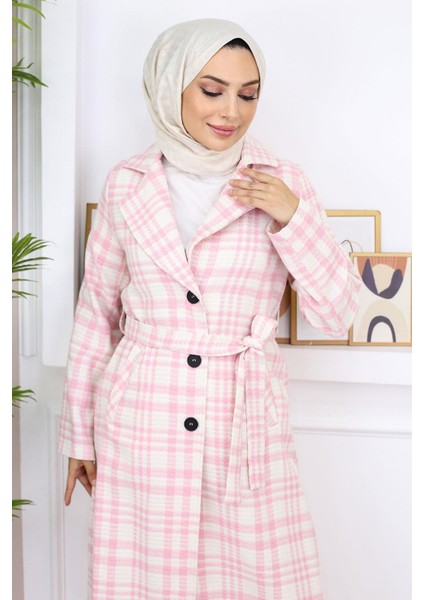 Ekoseli Şanel Kaşe Kaban Pembe 19137 fiyatları