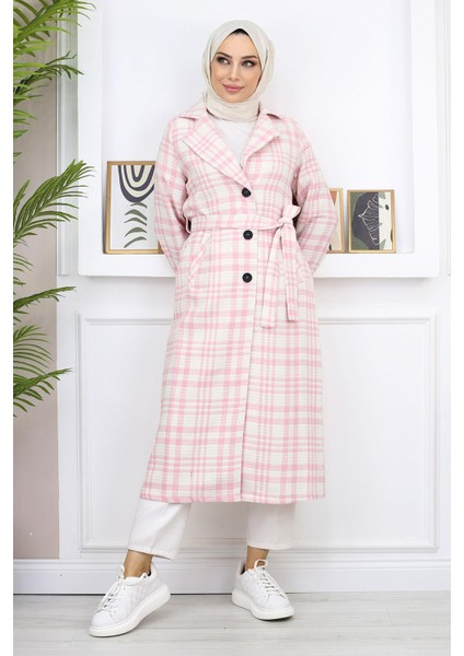 Ekoseli Şanel Kaşe Kaban Pembe 19137 modelleri