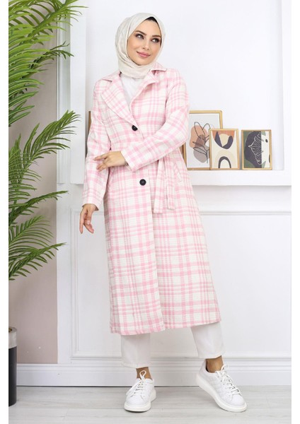 Ekoseli Şanel Kaşe Kaban Pembe 19137 fırsatları