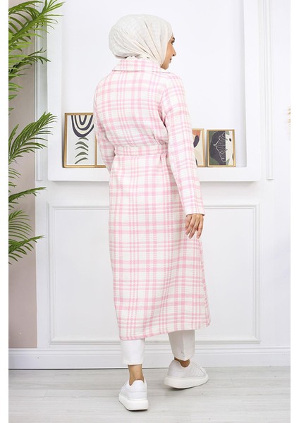 Ekoseli Şanel Kaşe Kaban Pembe 19137 indirimleri