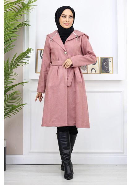 Kapşonlu Kaşe Kaban Gül Kurusu 19172