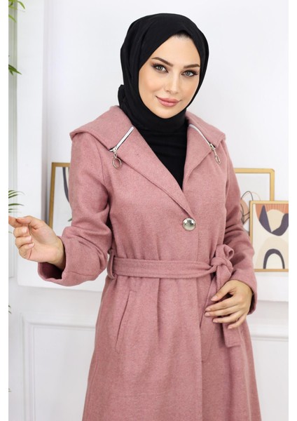 Kapşonlu Kaşe Kaban Gül Kurusu 19172 fiyatları