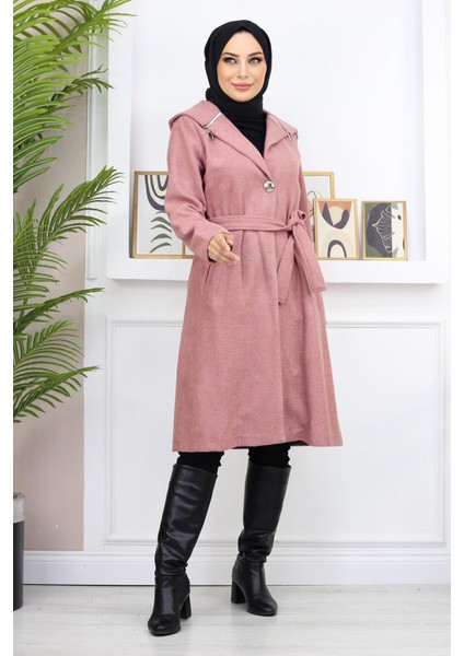 Kapşonlu Kaşe Kaban Gül Kurusu 19172 modelleri