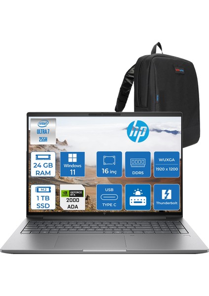 Zbook x G1I Intel Core Ultra 7 265H 24GB Ddr5 1tb SSD 8GB/RTXPRO2000 Blackwell 16" Wuxga Düşük Mavi Işık 400NIT %100 Srgb Windows 11 Pro Taşınabilir Iş Istasyonu B30HNESP06 + Zettaçanta