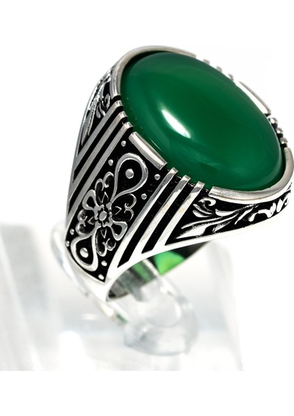 Yeşil Akik Taşlı 925 Ayar Gümüş Erkek Yüzük – Asil ve Dikkat Çekici Tasarım indirimleri
