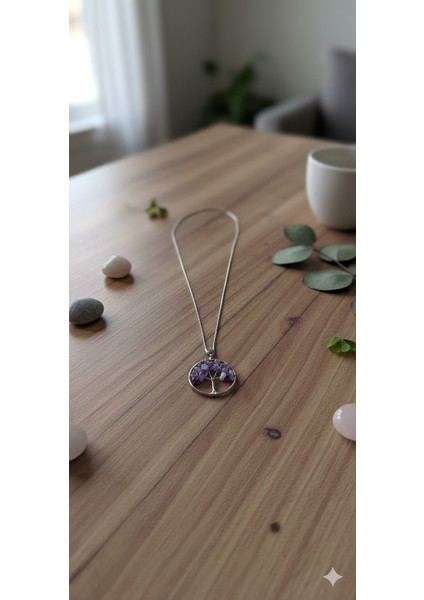 Hayat Ağacı Ametist Kolye - Mor Doğal Taşlı Gümüş Zincirli Kadın Takı fırsatları