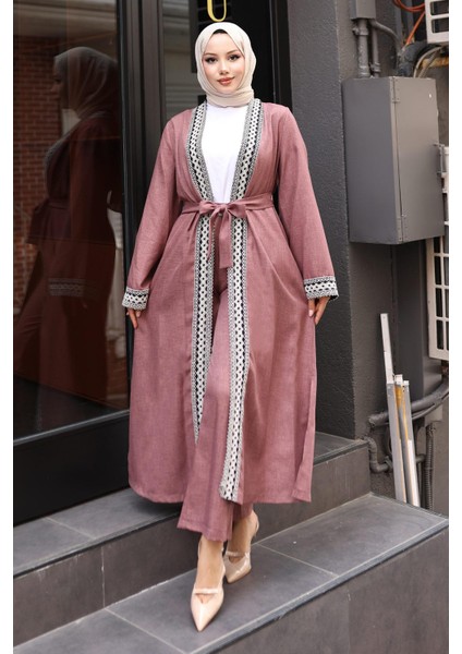 Etnik Desenli Kimono Takım Gül Kurusu MSW19251 modelleri