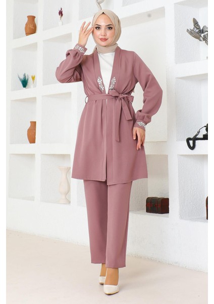 Taş Detaylı Takım Gül Kurusu MSW19203 modelleri