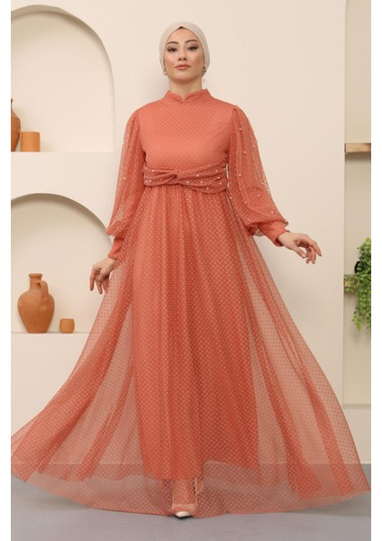 Inci Detaylı Tül Abiye Somon MSW12238