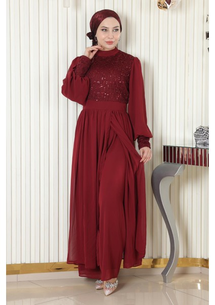 Pulpayetli Şifon Takım Bordo MSW19190