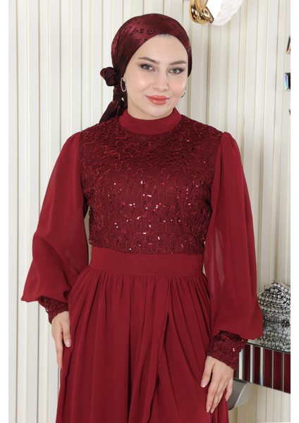 Pulpayetli Şifon Takım Bordo MSW19190 fiyatları