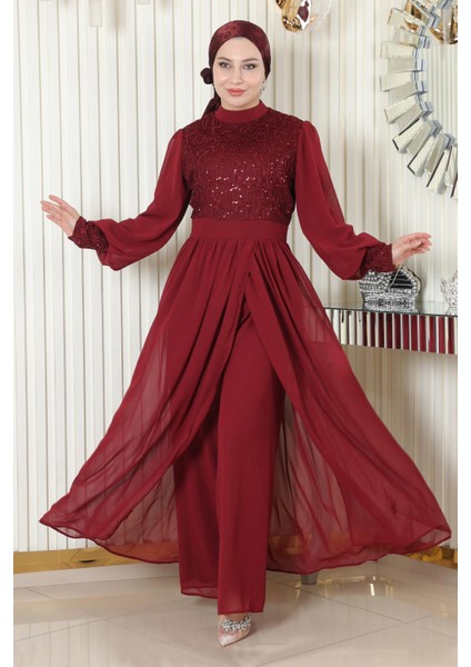 Pulpayetli Şifon Takım Bordo MSW19190 modelleri