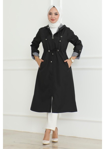 Kapşonlu Fermuarlı Trençkot Siyah 19205
