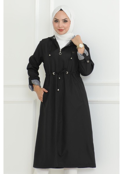 Kapşonlu Fermuarlı Trençkot Siyah 19205 fiyatları