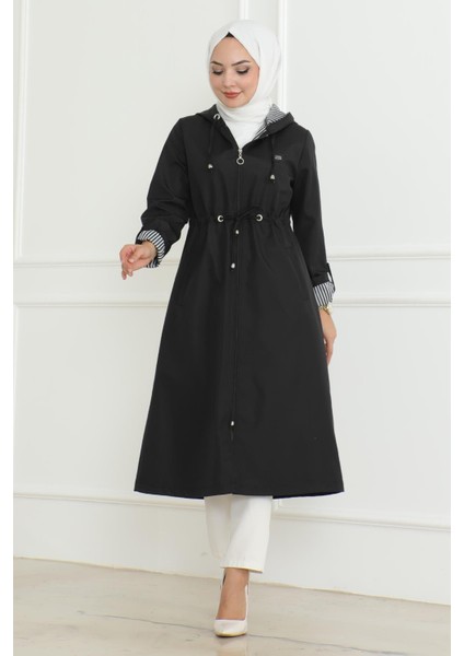 Kapşonlu Fermuarlı Trençkot Siyah 19205 modelleri