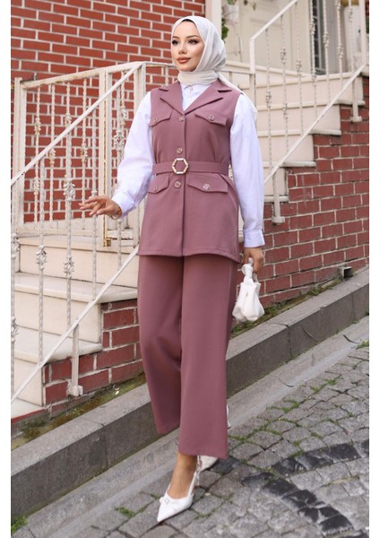 Süs Cep Detaylı Yelekli Takım Gül Kurusu MSW19249