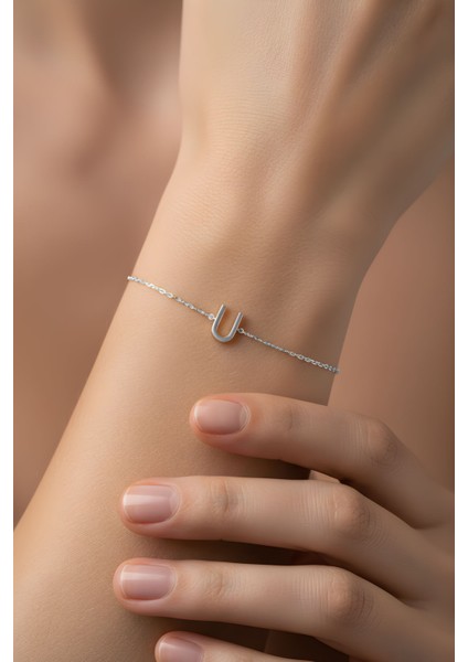 U Harfi 18 Ayar Beyaz Altın Kaplama 18 cm Gümüş Bileklik