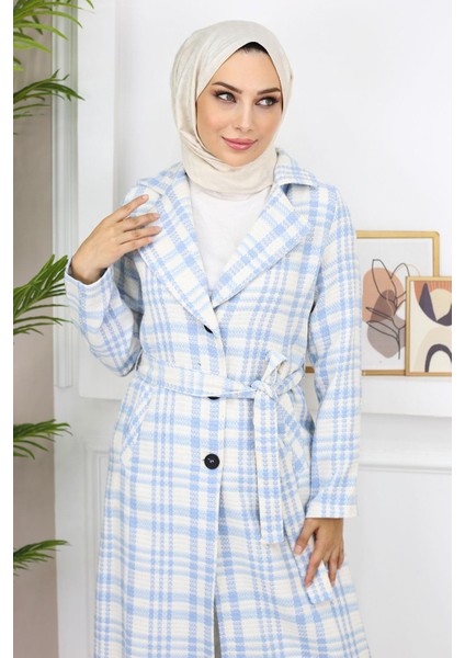 Ekoseli Şanel Kaşe Kaban Mavi 19137 fiyatları