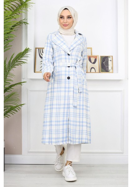 Ekoseli Şanel Kaşe Kaban Mavi 19137 modelleri