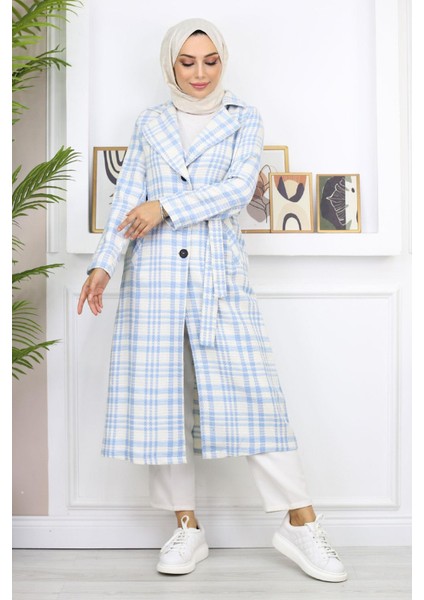 Ekoseli Şanel Kaşe Kaban Mavi 19137 fırsatları