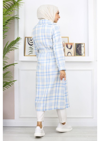 Ekoseli Şanel Kaşe Kaban Mavi 19137 indirimleri