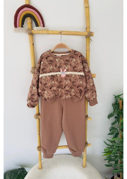 Kalp Baskılı Tavşancık Detaylı Kız Çocuk 2 li takım - Kahverengi