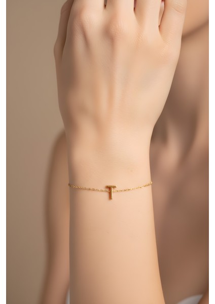 T Harfi 18 Ayar Sarı Altın Kaplama 18 cm Gümüş Bileklik