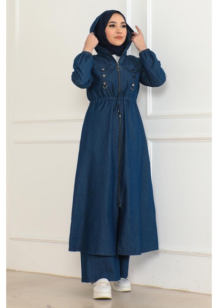 Kapşonlu Beli Bağcıklı Kot Takım Koyu Mavi 19235