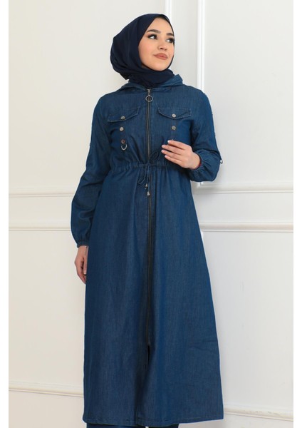 Kapşonlu Beli Bağcıklı Kot Takım Koyu Mavi 19235 fiyatları