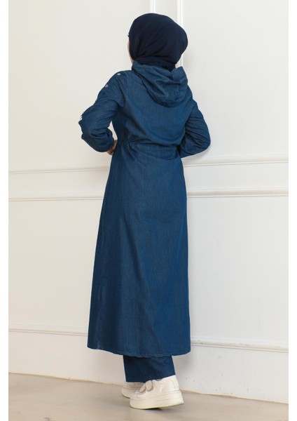 Kapşonlu Beli Bağcıklı Kot Takım Koyu Mavi 19235 fırsatları