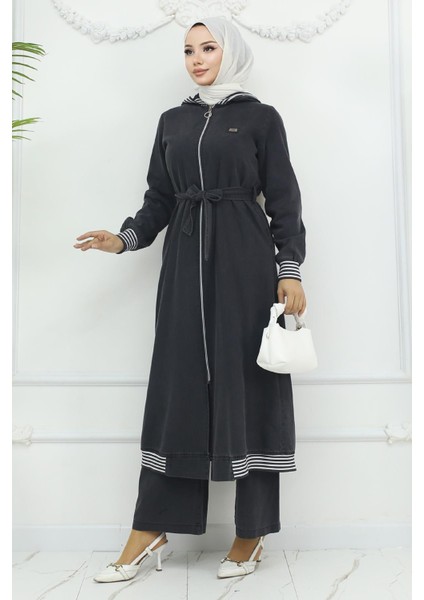 Kapşonlu Ribanalı Kot Takım Füme 19244