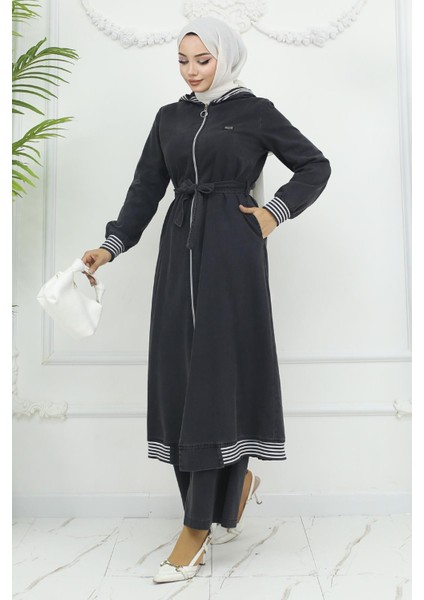 Kapşonlu Ribanalı Kot Takım Füme 19244 modelleri