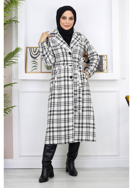 Ekoseli Şanel Kaşe Kaban Beyaz 19137