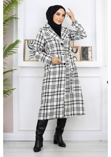 Ekoseli Şanel Kaşe Kaban Beyaz 19137 modelleri