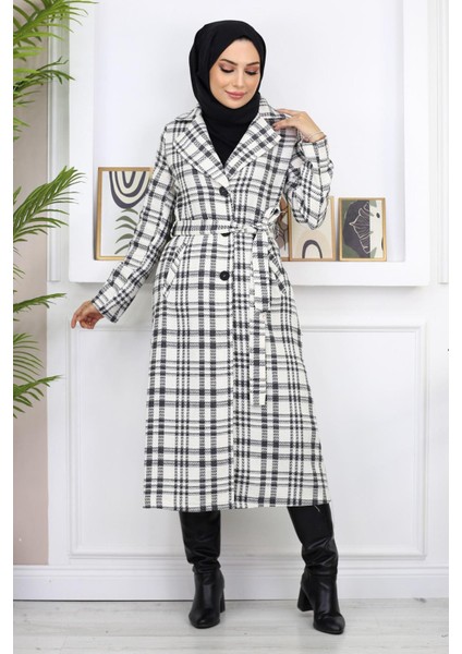 Ekoseli Şanel Kaşe Kaban Beyaz 19137 fırsatları