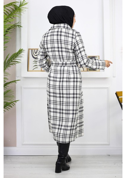 Ekoseli Şanel Kaşe Kaban Beyaz 19137 indirimleri