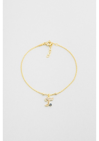 T Harfi 18 Ayar Sarı Altın Kaplama 19 cm Gümüş Nazar Bileklik