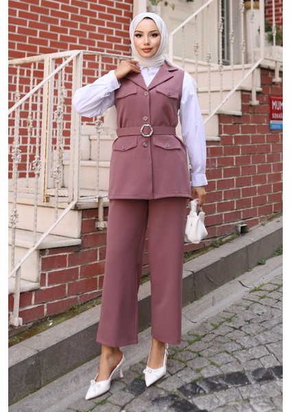 Süs Cep Detaylı Yelekli Takım Gül Kurusu MSW19249 modelleri