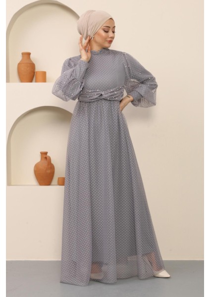 Inci Detaylı Tül Abiye Gri MSW12238