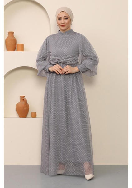 Inci Detaylı Tül Abiye Gri MSW12238 fırsatları