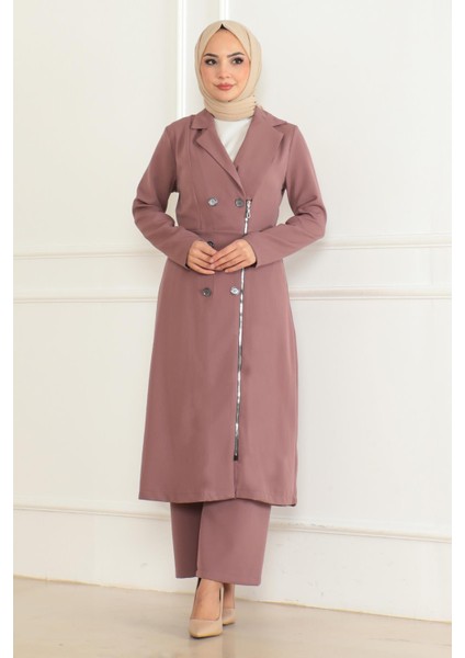 Düğme Detaylı Fermuarlı Takım Gül Kurusu MSW19219