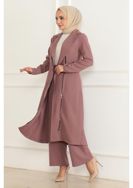 Düğme Detaylı Fermuarlı Takım Gül Kurusu MSW19219 modelleri