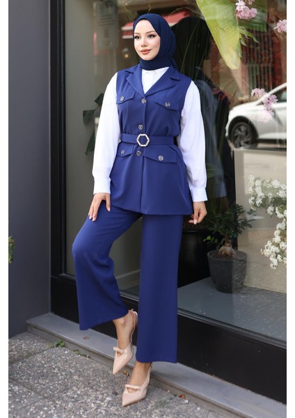 Süs Cep Detaylı Yelekli Takım Indigo MSW19249