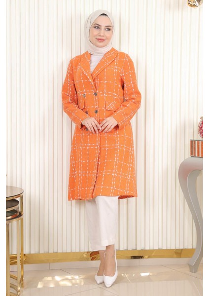 Düğmeli Geniş Yaka Kaşe Kaban Turuncu 19177
