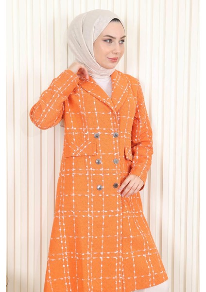 Düğmeli Geniş Yaka Kaşe Kaban Turuncu 19177 fiyatları