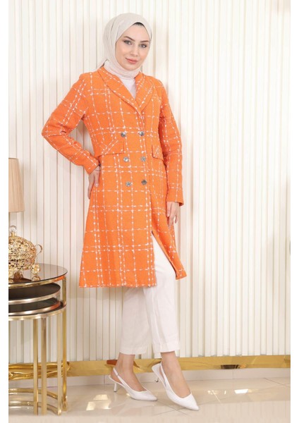Düğmeli Geniş Yaka Kaşe Kaban Turuncu 19177 modelleri
