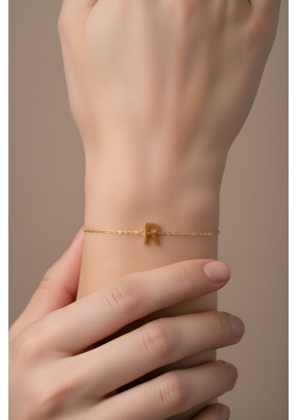 R Harfi 18 Ayar Sarı Altın Kaplama 18 cm Gümüş Bileklik