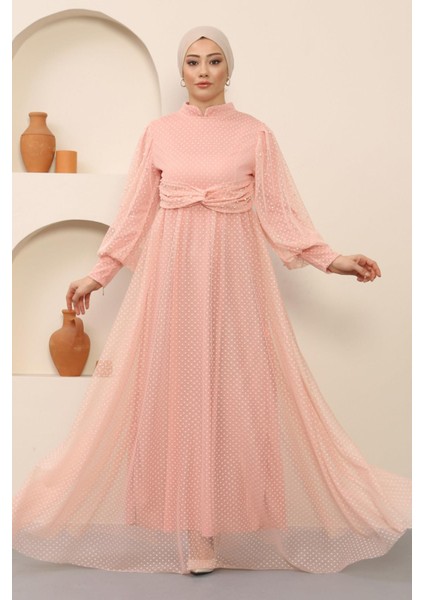 Inci Detaylı Tül Abiye Pudra MSW12238